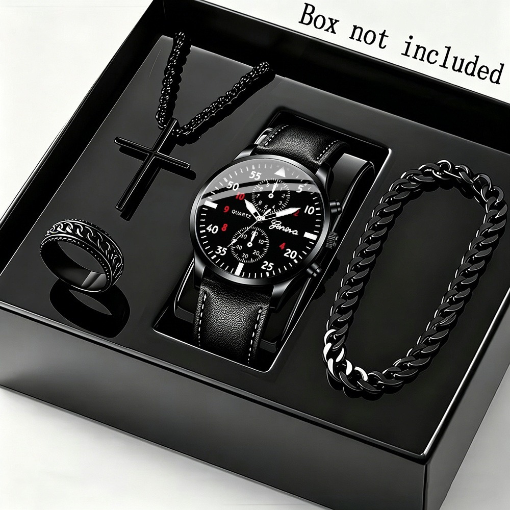 Men Accessories Elegant - Elegancki zestaw 4-częściowy: męski zegarek kwarcowy